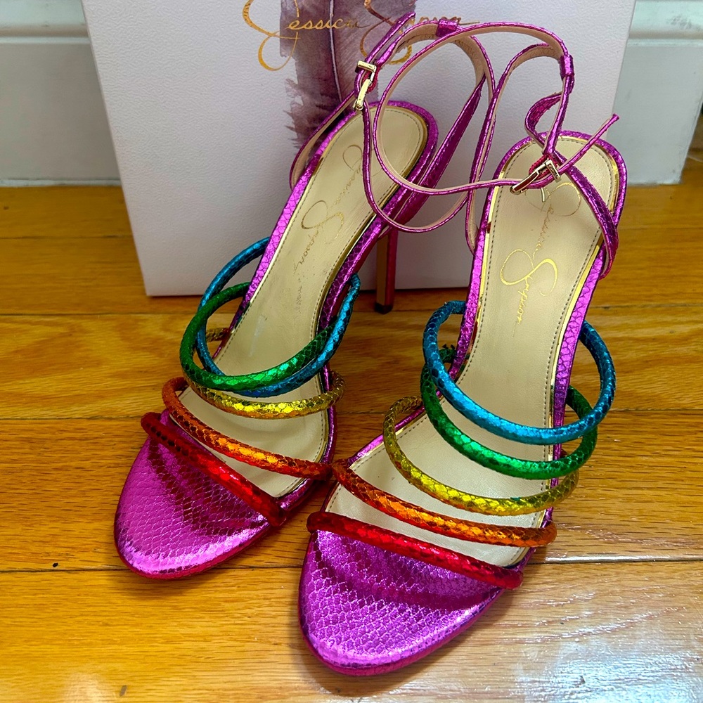 Jessica Simpsom Embossed Rainbow High Heel Sandals